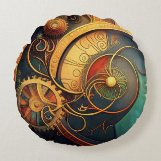 Steampunk Clockwork Abstract Design Round Cushion