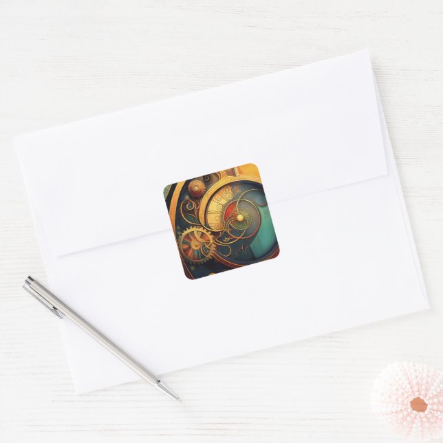 Steampunk Clockwork Abstract Design Square Sticker (Envelope)
