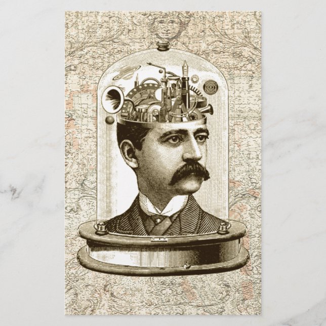 Steampunk clockwork brain head in jar (Front)