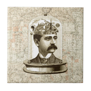 Steampunk clockwork brain head in jar ceramic tile