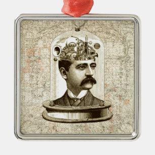 Steampunk clockwork brain head in jar metal ornament