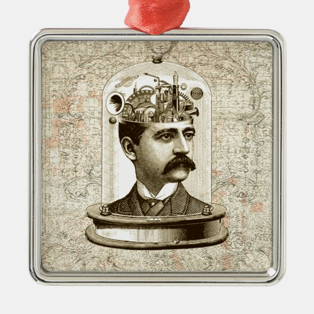 Steampunk clockwork brain head in jar metal ornament (Front)