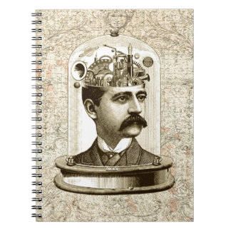 Steampunk clockwork brain head in jar notebook