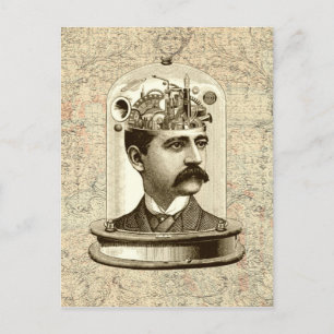 Steampunk clockwork brain head in jar postcard