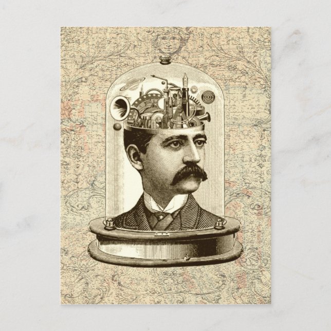 Steampunk clockwork brain head in jar postcard (Front)