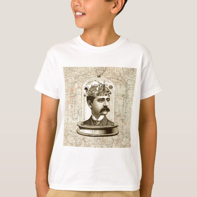 Steampunk clockwork brain head in jar T-Shirt (Front)