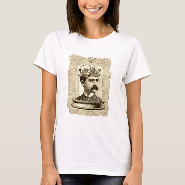 Steampunk clockwork brain head in jar T-Shirt (Front)