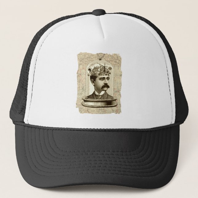 Steampunk clockwork brain head in jar trucker hat (Front)