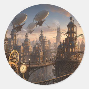 Steampunk Clockwork City Classic Round Sticker