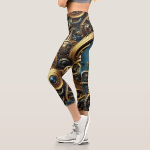Steampunk Clockwork Gold and Teal Capri Leggings