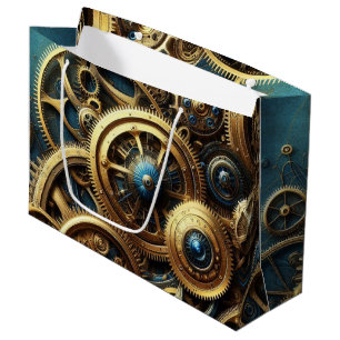 Steampunk Clockwork Gold and Teal Large Gift Bag