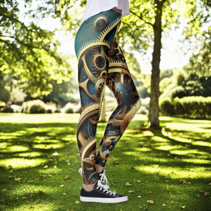 Steampunk Clockwork Gold and Teal Leggings