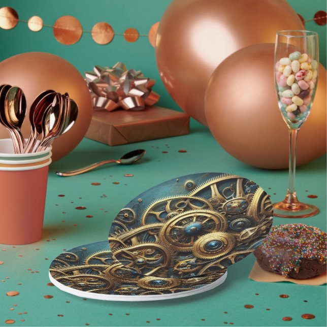 Steampunk Clockwork Gold and Teal Paper Plate (Multi)