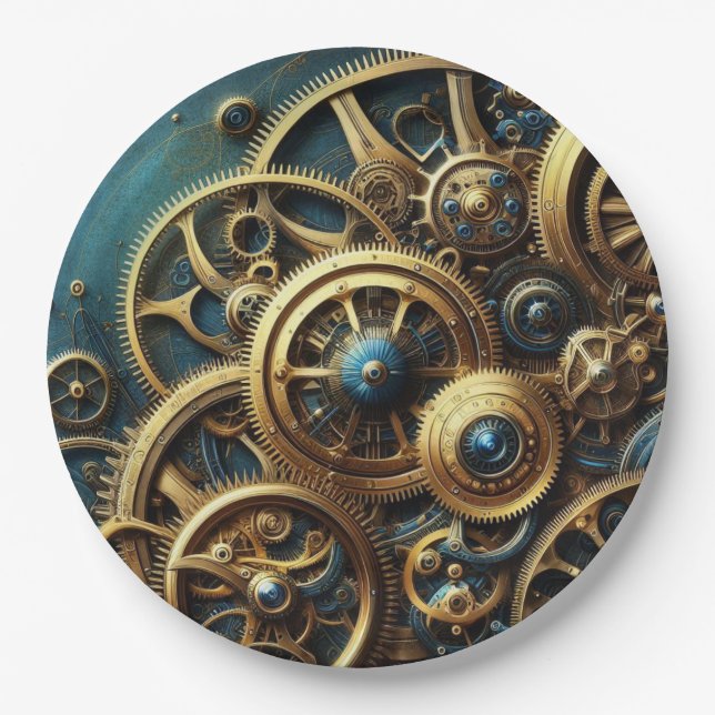 Steampunk Clockwork Gold and Teal Paper Plate (Front)