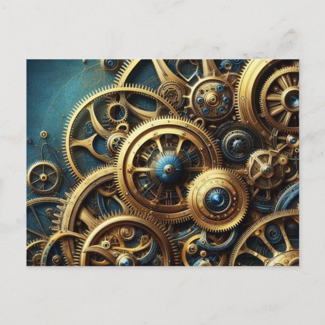 Steampunk Clockwork Gold and Teal Postcard (Front)