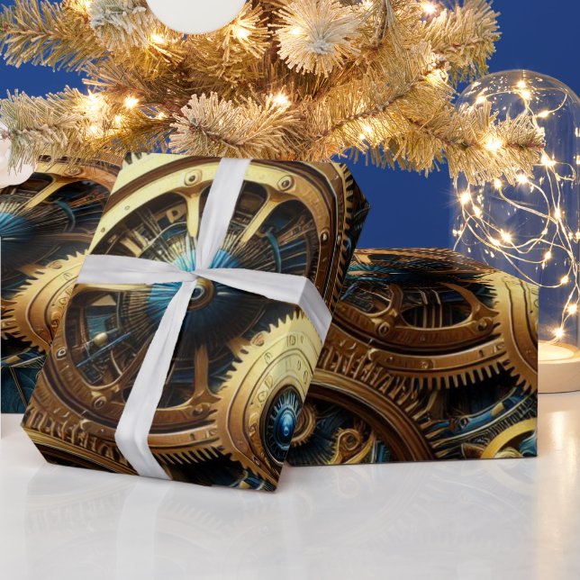Steampunk Clockwork Gold and Teal Wrapping Paper (Holidays)