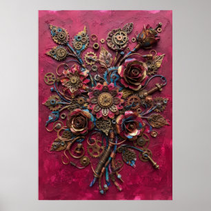 Steampunk Clockwork Rose Bouquet Art Poster