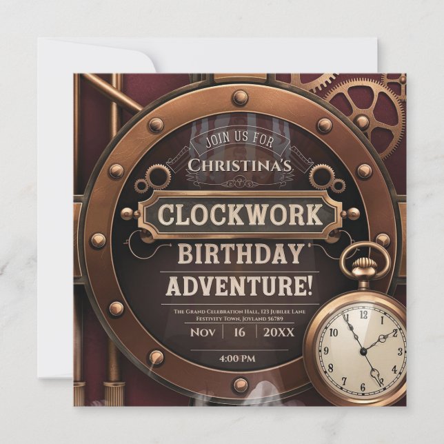 Steampunk Clockwork Vintage Birthday Party Invitation (Front)