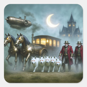 Steampunk Coach With Coachmen and White Wolves Square Sticker