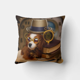 Steampunk cocker spaniel with books Throw Pillow