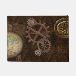 Steampunk Cogs , Gears, Globe & Skelton Key Doormat