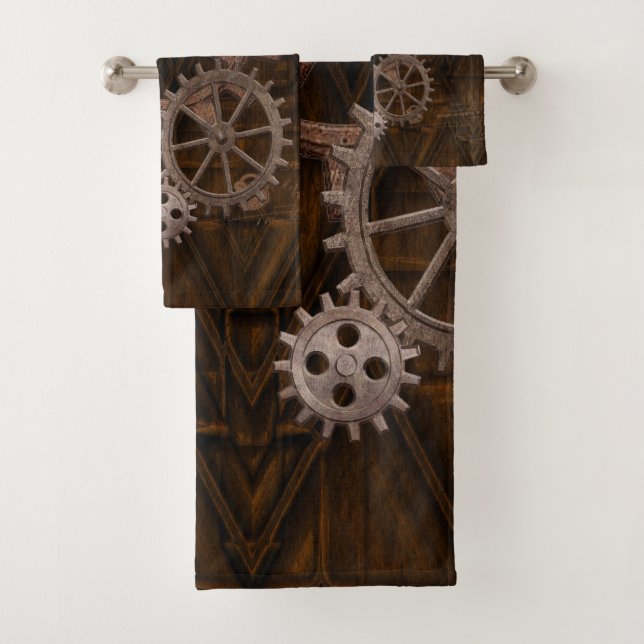 Steampunk Cogs , Gears & Skeleton Key Bath Towel Set (Insitu)