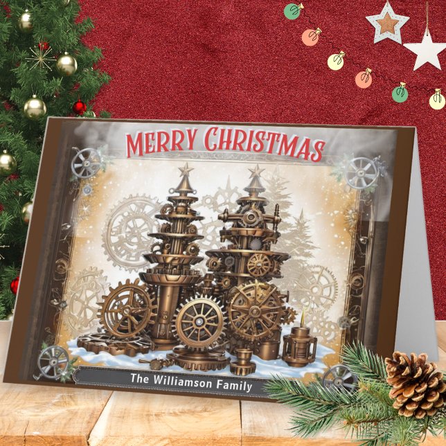 Steampunk Cogs Machinery Trees Merry Christmas Holiday Card (Creator Uploaded)