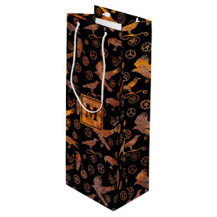 Steampunk Colorful Rusty Gears and Crows Monogram Wine Gift Bag