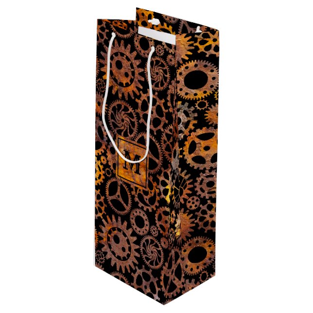 Steampunk Colorful Rusty Gears Monogram Block Wine Gift Bag (Front Angled)