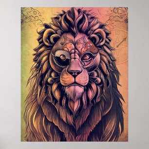 Steampunk Colour Gradient Rustic Lion Poster