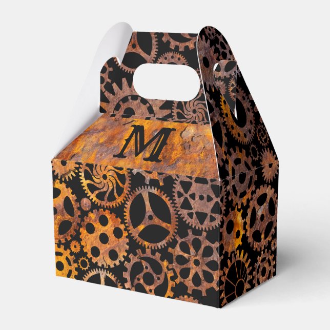 Steampunk Colourful Rusty Gears Monogram Gable Favour Box (Front Side)