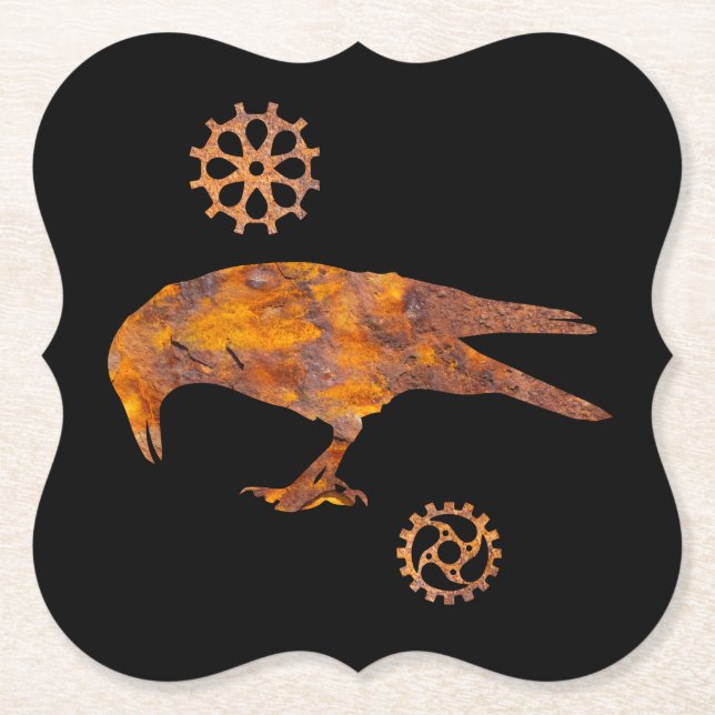 Steampunk Colourful Rusty Pecking Crow and Gears Paper Coaster (Front)
