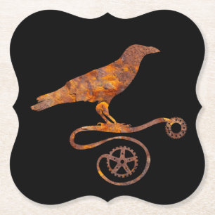 Steampunk Colourful Rusty Standing Crow and Gears Paper Coaster