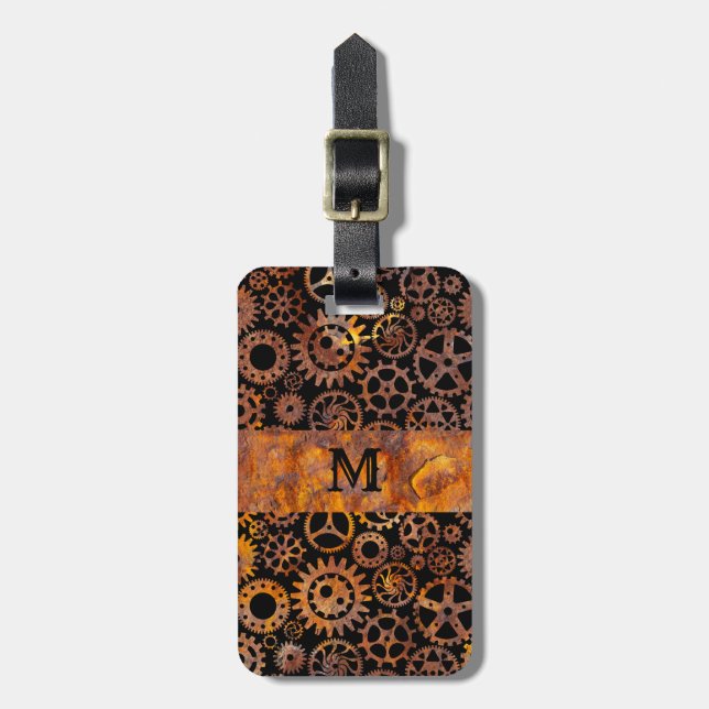 Steampunk Colourful Rusty Steel Gears Monogram Luggage Tag (Front Vertical)