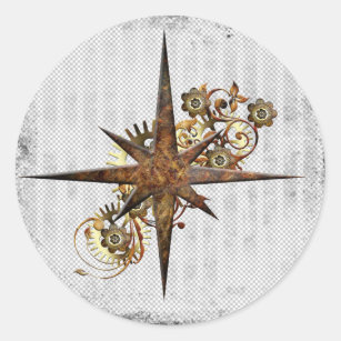 Steampunk Compass Star Grunge Classic Round Sticker