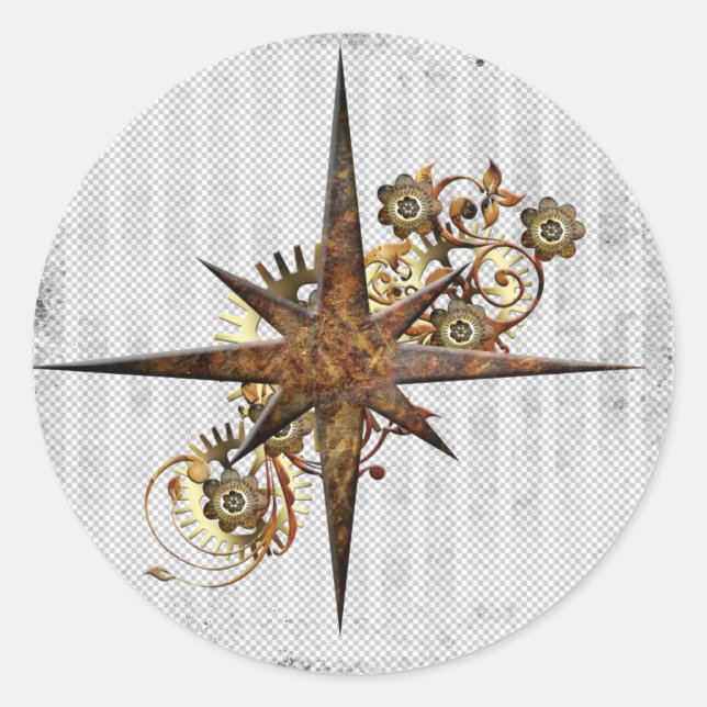 Steampunk Compass Star Grunge Classic Round Sticker (Front)