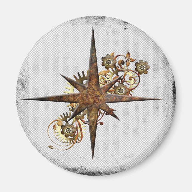 Steampunk Compass Star Grunge Magnet (Front)
