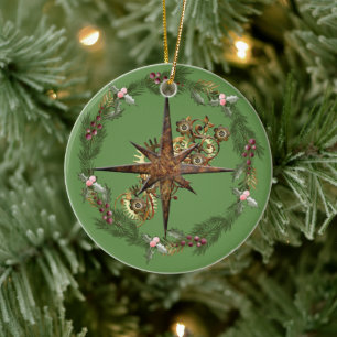 Steampunk Compass Star & Wreath Customisable Ceramic Ornament