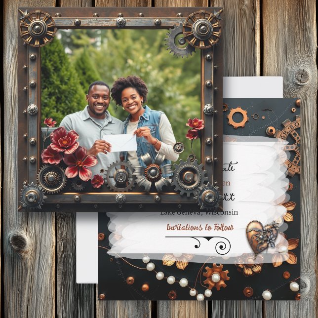 Steampunk Copper Floral Personalised Wedding Save The Date (Creator Uploaded)