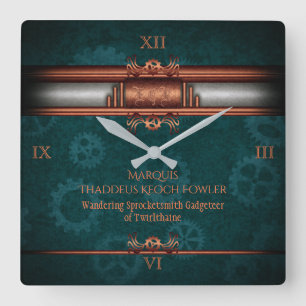 Steampunk, copper on teal cogs, Monogram Square Wall Clock