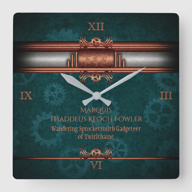 Steampunk, copper on teal cogs, Monogram Square Wall Clock (Front)