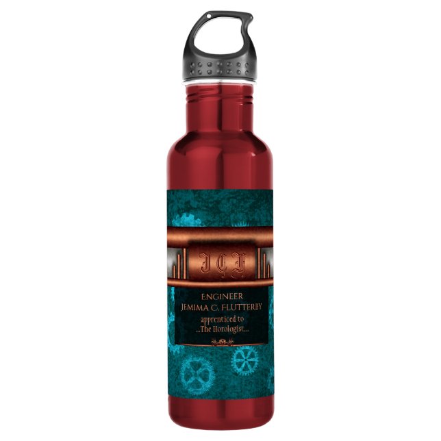 Steampunk, copper on teal cogwheels, Monogram 710 Ml Water Bottle (Front)