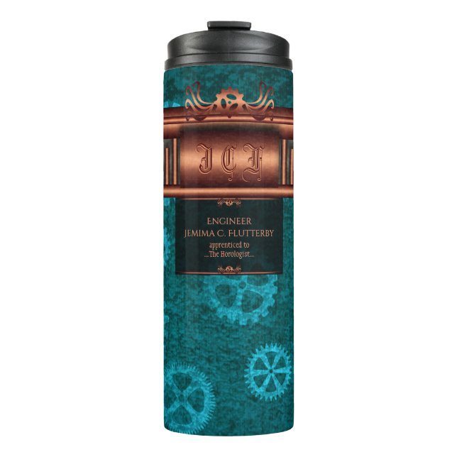 Steampunk, copper on teal cogwheels, Monogram Thermal Tumbler (Front)