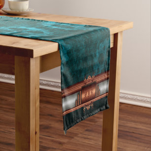 Steampunk, copper on teal gearwheels, Monogram Short Table Runner