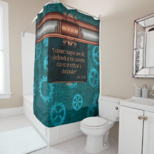 Steampunk, copper on teal gearwheels, Monogram Shower Curtain