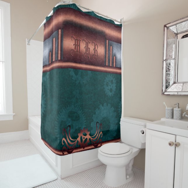 Steampunk, copper on teal sprockets, Monogram Shower Curtain (In Situ)