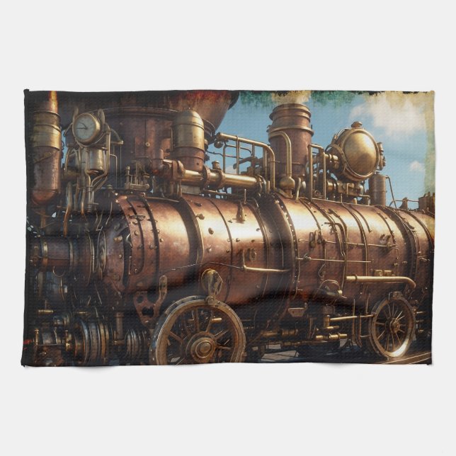 Steampunk Copper Steam Train Tea Towel (Horizontal)