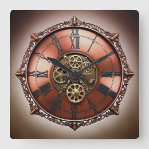 Steampunk Copper Time Face Square Wall Clock