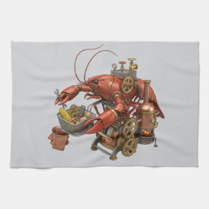 Steampunk Crawfish Boil Mechanical Lobster Art  Tea Towel