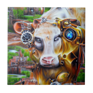Steampunk Cyber Cow Ceramic Tile